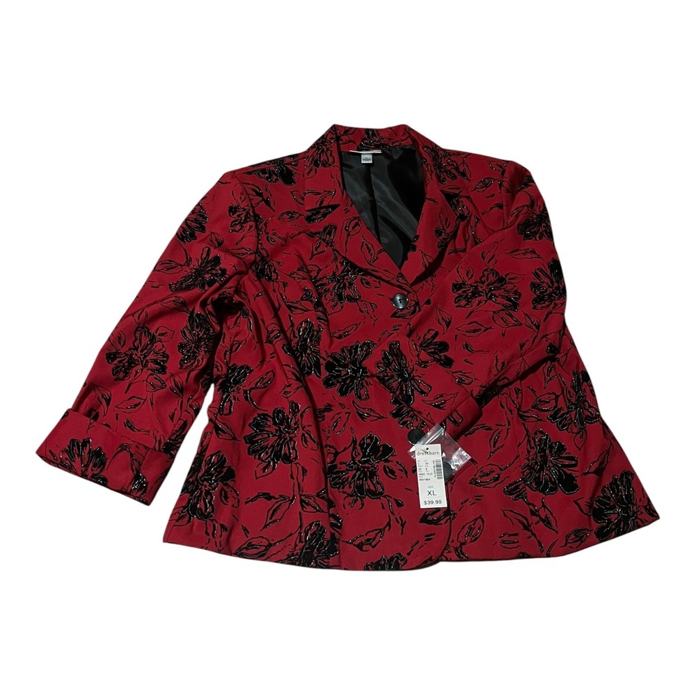 Dressbarn Womens XL Red Black Glitter Floral Blazer Jacket NWT‎ Holiday Evening